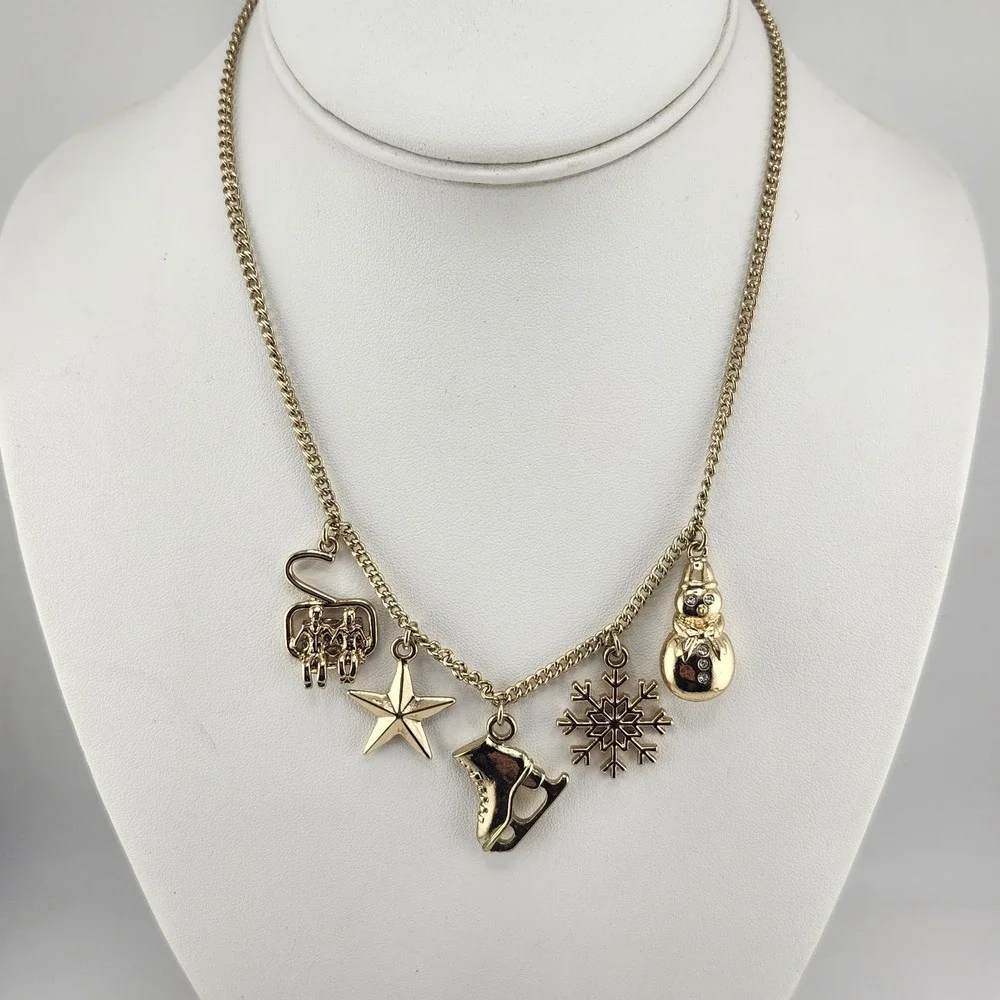 J Crew Crewcuts Gold Plated Winter Charm Necklace‎ Ski Theme